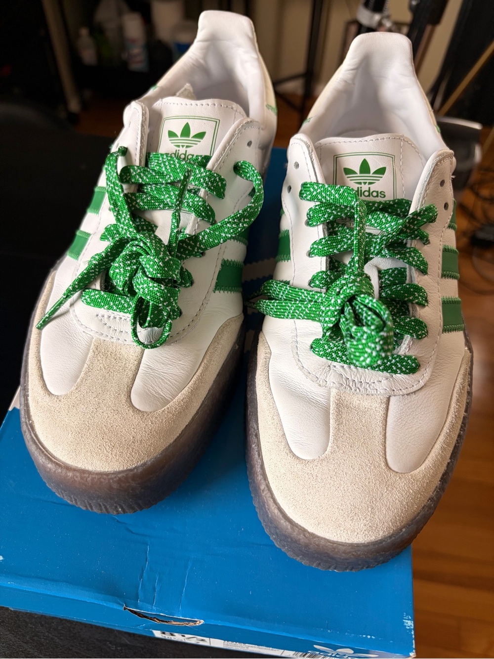 adidas Kids White Sneakers with Green Stripes and Laces